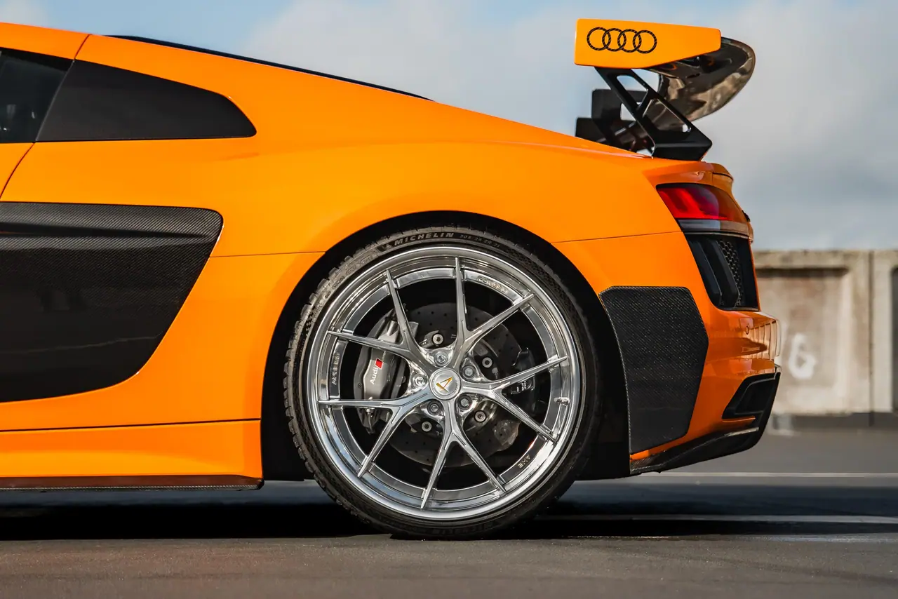 Finished forged wheels fitted — Aphero AW-2 on an Audi R8 after precision manufacturing.